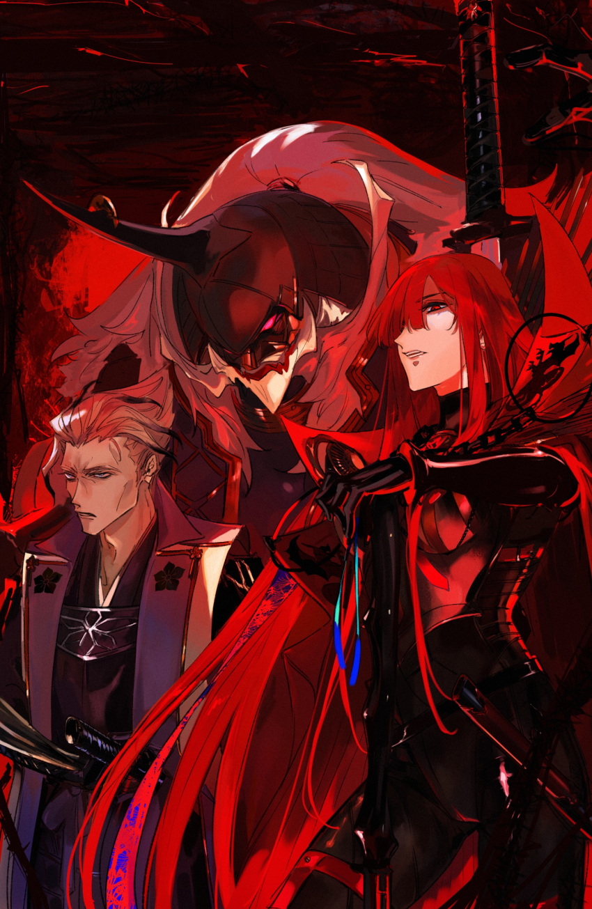 1girl 2boys akechi_mitsuhide_(fate) armor black_gloves blue_eyes breasts cape ddlcclia fate/grand_order fate_(series) gloves hair_over_one_eye helmet highres horns japanese_clothes katana long_hair multiple_boys oda_nobunaga_(fate) oda_nobunaga_(maou_avenger)_(fate) parted_lips red_eyes red_hair sheath sheathed shibata_katsuie_(fate) single_horn sword unsheathed very_long_hair weapon white_hair