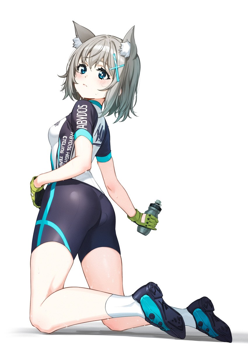 1girl absurdres animal_ear_fluff animal_ears ass bangs bike_jersey bike_shorts blue_archive blue_eyes blush bottle breasts cat_ears closed_mouth cross_hair_ornament cycling_uniform extra_ears gloves green_gloves grey_hair hair_ornament highres holding holding_bottle kneeling looking_at_viewer looking_back medium_hair mismatched_pupils official_alternate_costume shiroko_(blue_archive) shiroko_(cycling)_(blue_archive) shoes short_hair short_sleeves shorts simple_background sneakers socks solo sweat water_bottle white_background x_hair_ornament zhanzheng_zi