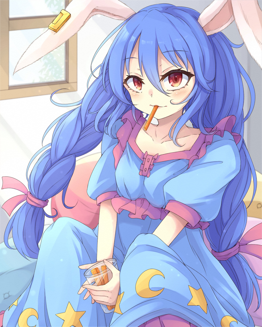 1girl absurdres animal_ears bangs blue_dress blue_hair carrot carrot_sticks closed_mouth collarbone crescent_print cup dress earclip food_in_mouth highres holding holding_cup indoors long_hair looking_at_viewer low_twintails neko_mata rabbit_ears rabbit_girl red_eyes seiran_(touhou) short_sleeves sitting solo star_(symbol) star_print touhou twintails window