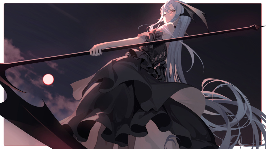 1girl absurdly_long_hair black_dress commission cross-laced_clothes demon_wings dress frilled_dress frills head_wings highres holding holding_scythe holding_weapon long_hair looking_at_viewer original scythe standing tsuki-shigure very_long_hair weapon white_hair wing_ears wings yellow_eyes