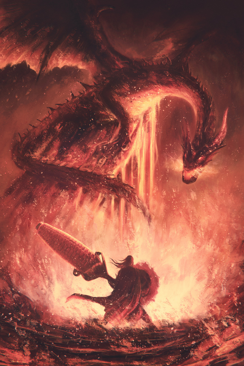 1girl absurdres cape crimson_fatalis dragon embers fantasy fire from_behind gunlance highres holding holding_weapon legs_apart long_hair molten_rock monster_hunter_(series) red_theme standing valky_uniguri weapon wings