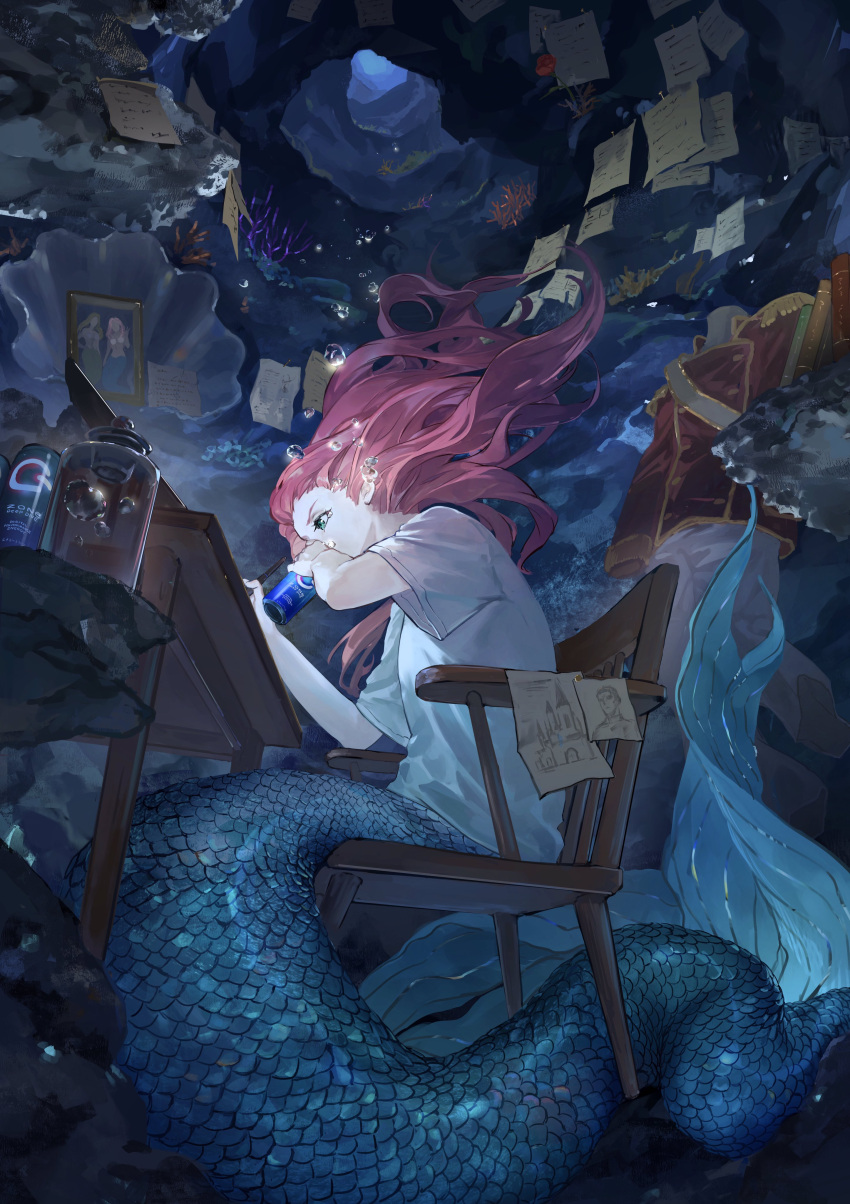 1girl absurdres air_bubble book bottle bubble cave chair drawing drinking epaulettes floating_hair from_side green_eyes hataya highres long_hair mermaid monster_girl original picture_(object) red_hair shirt short_sleeves sitting solo stylus underwater white_shirt