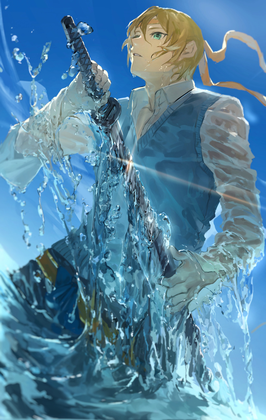 1boy absurdres blonde_hair blue_pants blue_vest day green_eyes hataya headband highres holding holding_sword holding_weapon katana long_sleeves male_focus outdoors pants parted_lips scabbard sheath shirt solo standing sword touken_ranbu unsheathing vest wading weapon wet wet_clothes wet_shirt white_shirt yamanbagiri_kunihiro