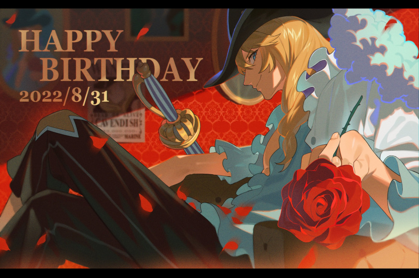 1boy bangs black_headwear black_pants blonde_hair blue_eyes cape cavendish closed_mouth crossed_legs dated eyelashes flower frilled_shirt frilled_sleeves frills fur-trimmed_cape fur_trim hair_between_eyes hair_over_shoulder happy_birthday hat highres holding holding_flower indoors letterboxed long_hair long_sleeves looking_at_viewer male_focus one_piece pants petals picture_frame profile qin_(7833198) red_flower red_rose rose rose_petals shirt sidelocks sideways_glance sitting smile smirk solo sword wanted weapon white_shirt