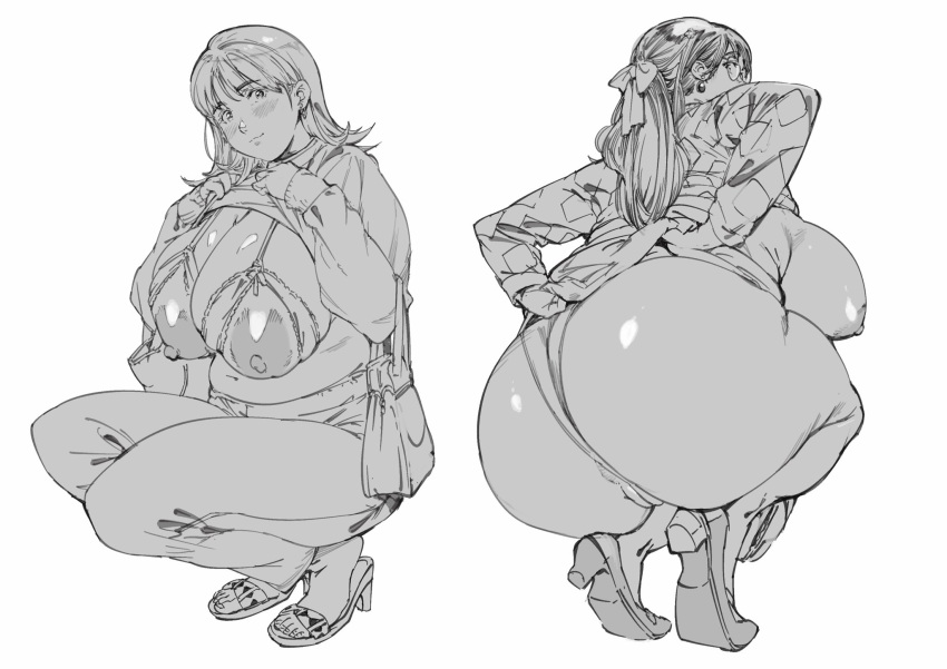 2girls ass bra breasts cleavage clothes_lift cupless_bra earrings glasses greyscale hair_ribbon high_heels highres huge_ass jewelry large_breasts monochrome multiple_girls nipples orushibu plump ponytail ribbon see-through shirt_lift sideboob skirt skirt_lift squatting sweater thick_thighs thighs underwear