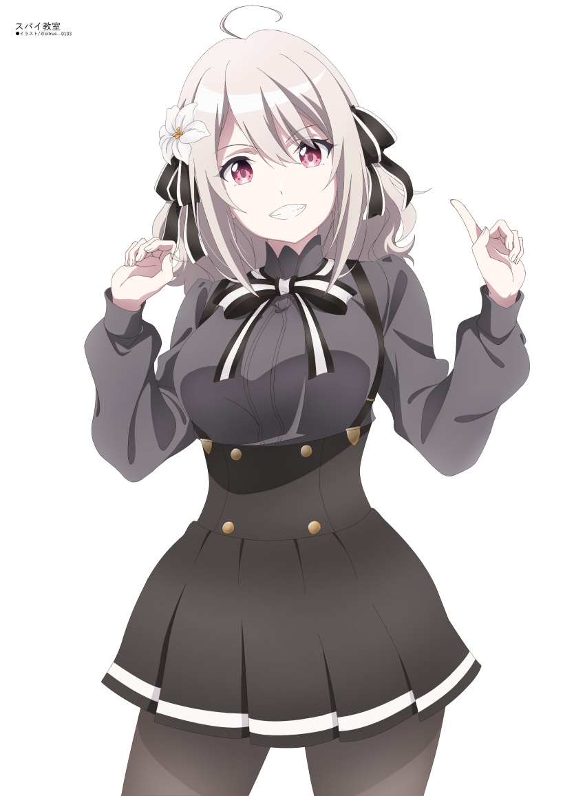 1girl absurdres ahoge bangs black_ribbon black_skirt bow bowtie commentary cowboy_shot emily0103 flower grey_hair grey_pantyhose grey_shirt grin hair_between_eyes hair_flower hair_ornament hair_ribbon hands_up high-waist_skirt highres index_finger_raised lily_(flower) lily_(spy_kyoushitsu) long_sleeves looking_at_viewer medium_hair pantyhose pleated_skirt red_eyes ribbon shirt simple_background skirt smile solo spy_kyoushitsu standing suspender_skirt suspenders two-tone_ribbon white_background white_ribbon