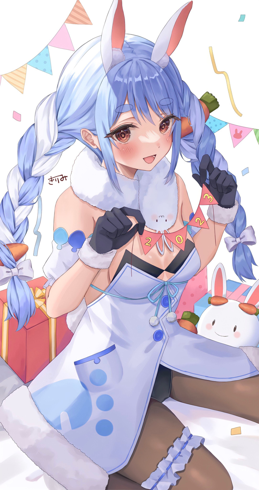 1girl 2023 :d absurdres animal_ear_fluff animal_ears bangs bare_shoulders black_gloves black_pantyhose blue_hair blush bow box braid breasts buttons carrot_hair_ornament cleavage commentary_request confetti detached_sleeves don-chan_(usada_pekora) dress eyes_visible_through_hair flag food-themed_hair_ornament frills fur-trimmed_gloves fur_scarf fur_trim gift gift_box gloves hair_bow hair_ornament highres holding holding_flag hololive kirimi looking_at_viewer multicolored_hair pantyhose pocket rabbit rabbit_ears rabbit_girl short_eyebrows sidelocks signature sitting smile solo string_of_flags thick_eyebrows thigh_strap twin_braids two-tone_hair usada_pekora wariza white_bow white_dress white_hair