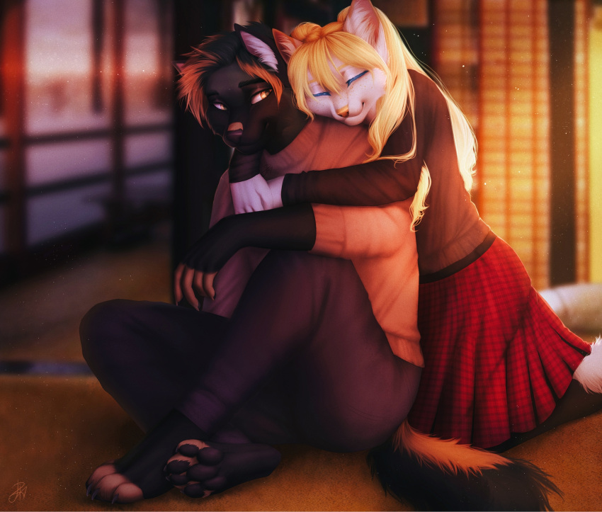 anthro bottomwear buster_davison canid canine canis clothing domestic_dog duo ember_(heroofmobius) embrace female fox german_shepherd herding_dog hi_res hug hugging_from_behind kneeling love male male/female mammal pastoral_dog pawpads red_bottomwear red_clothing red_skirt romantic romantic_ambiance romantic_couple rrrs sitting sitting_on_ground skirt sunset