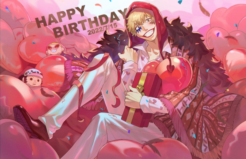 1boy balloon black_coat black_footwear blanket blonde_hair blush box character_doll coat coat_on_shoulders collarbone collared_shirt commentary confetti dated donquixote_doflamingo donquixote_rocinante facepaint feathers fur_coat gift gift_box grin happy_birthday head_tilt heart heart_balloon heart_print highres holding holding_gift hood hood_up lipstick long_sleeves looking_at_viewer makeup male_focus one_piece pants print_shirt qin_(7833198) red_hood red_ribbon ribbon shirt shoes smile solo symbol-only_commentary teeth trafalgar_law white_pants white_shirt