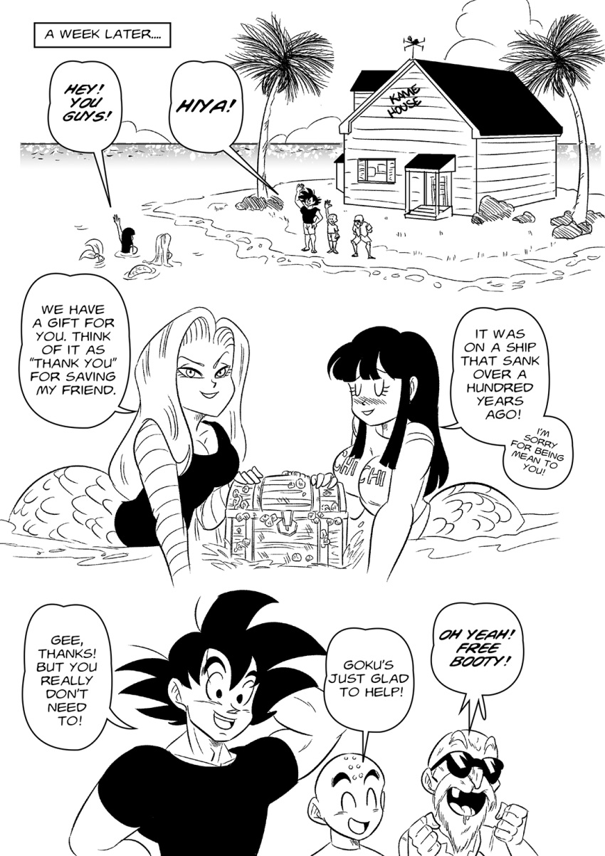 2girls 3boys android_18 bald beach beard black_hair breasts chi-chi_(dragon_ball) cleavage cloud dragon_ball dragon_ball_z facial_hair fins fish_tail greyscale highres island kame_house kuririn large_breasts long_hair mermaid monochrome monster_girl monsterification multiple_boys multiple_girls mustache muten_roushi name_on_shirt ocean scales son_goku spiked_hair striped_sleeves sunglasses tail treasure_chest