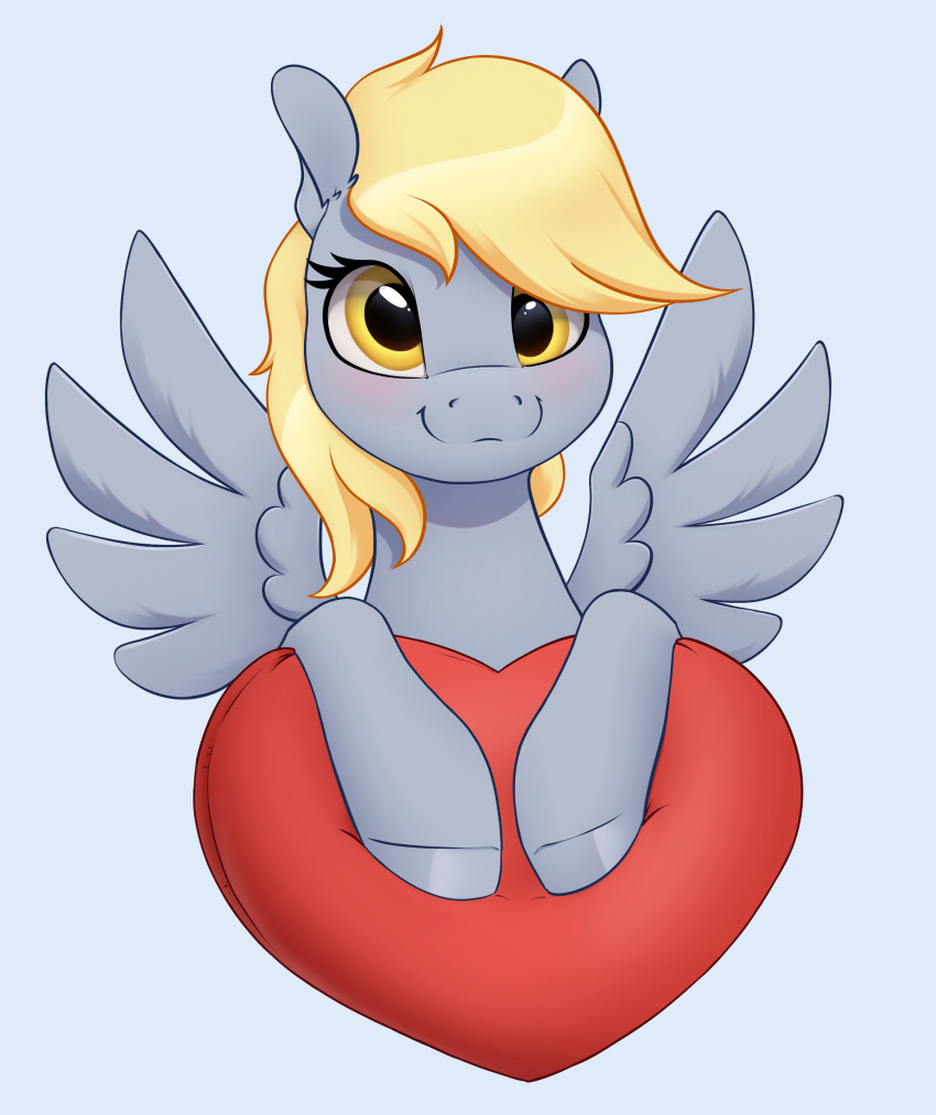 &lt;3 2022 absurd_res aquaticvibes blonde_hair blue_background blush derpy_hooves_(mlp) digital_media_(artwork) equid equine eyelashes feathered_wings feathers female feral fetlocks friendship_is_magic grey_body grey_feathers grey_hooves hair hasbro hi_res hooves mammal my_little_pony pegasus simple_background smile solo spread_wings wings yellow_eyes