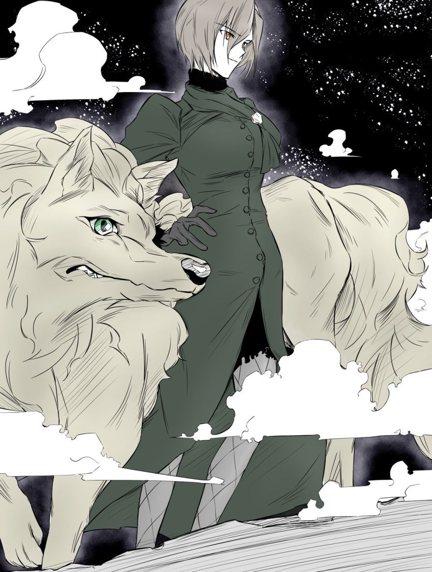 1girl aozaki_touko black_background dress fog gloves green_dress green_eyes grey_fur grey_gloves grey_hair highres lugh_beowulf mahou_tsukai_no_yoru nattsu_(user_fdkh3235) pantyhose werewolf wolf yellow_eyes