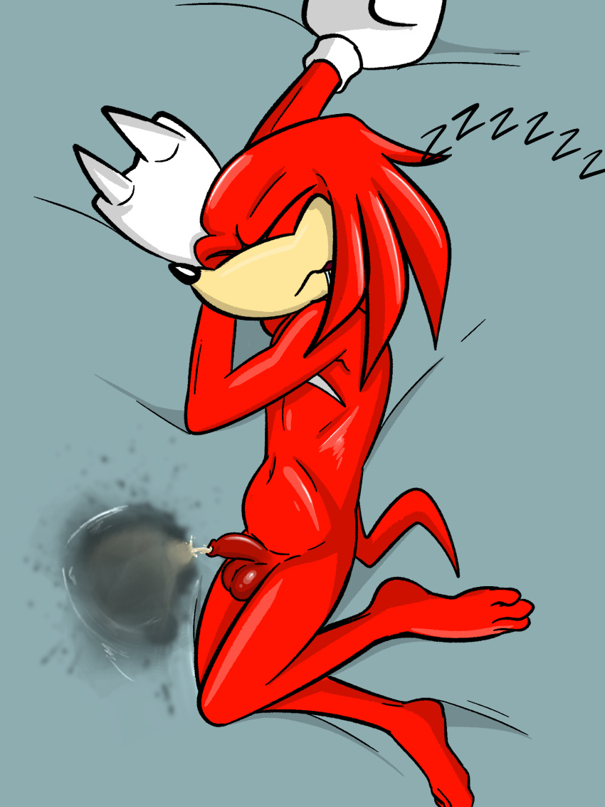 anthro balls bedwetting bodily_fluids drooling echidna flaccid foreskin genital_fluids genitals hi_res illegaleel knuckles_the_echidna male mammal monotreme nude peeing penis saliva sega sleeping solo sonic_the_hedgehog_(series) urine urine_pool wetting wetting_self