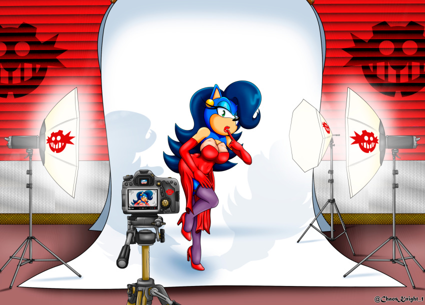 adventures_of_sonic_the_hedgehog anthro bedroom_eyes blue_body blue_hair breezie_the_hedgehog camera camera_view clothed clothing crossdressing eulipotyphlan fake_breasts footwear green_eyes hair hedgehog hi_res high_heels lipstick looking_at_viewer makeup male mammal multicolored_body narrowed_eyes photo_shoot rodent seductive sega solo sonic_the_hedgehog_(series) the_knight