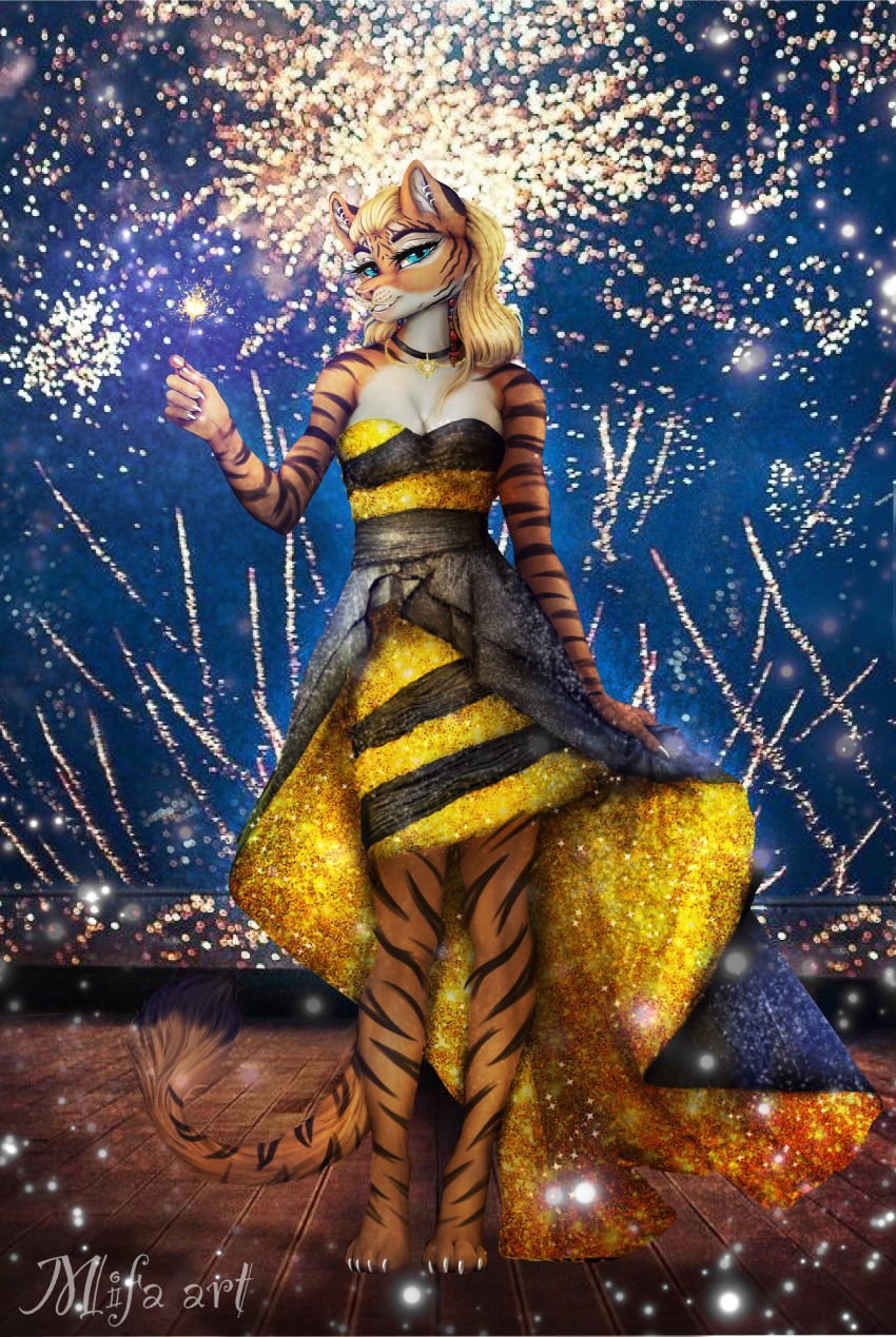 2023 4_toes 5_fingers anthro black_stripes blonde_hair blue_eyes breasts clothing digital_media_(artwork) dress ear_piercing ear_ring eyebrows eyelashes feet felid female fingers fur hair hi_res mammal mifa orange_body orange_fur pantherine piercing ring_piercing smile solo striped_body striped_fur stripes tiger toes