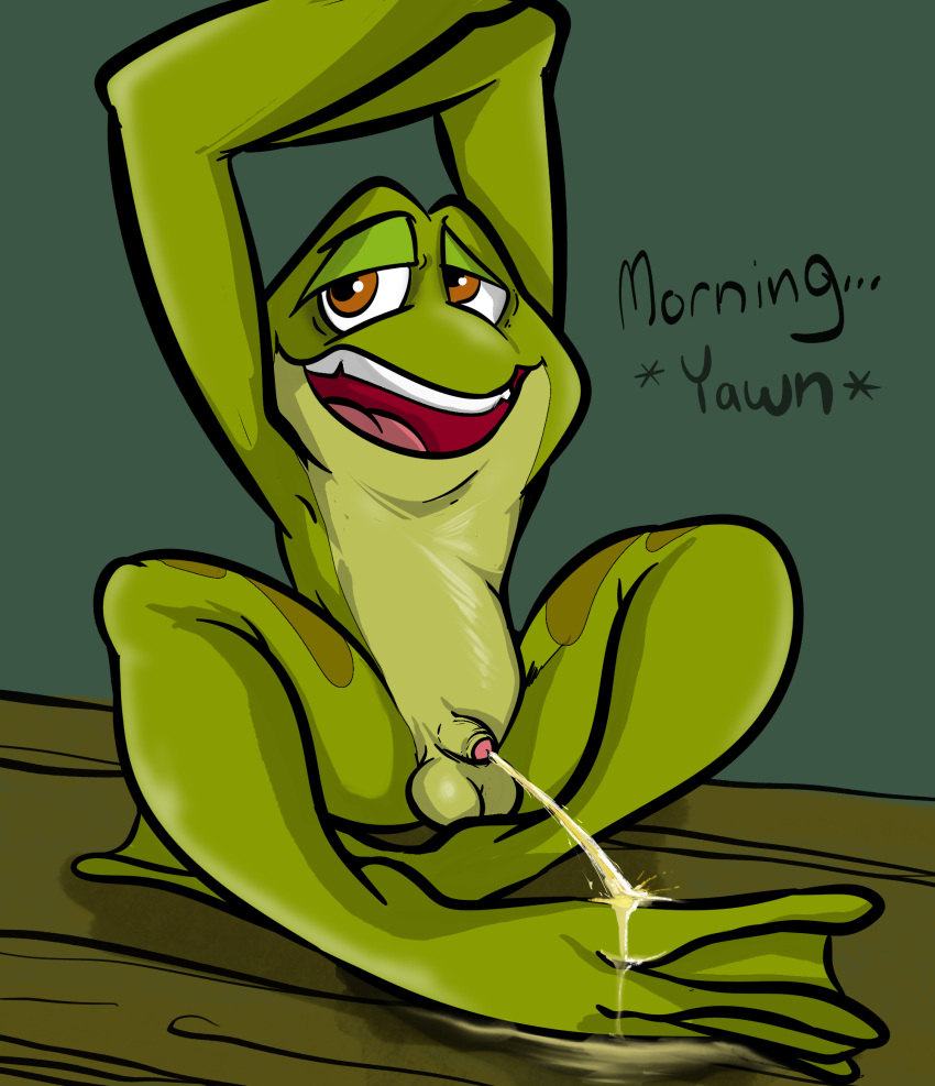 amphibian anthro balls bodily_fluids casual_nudity casual_urination dialogue flaccid frog genital_fluids genitals hi_res illegaleel male peeing peeing_on_foot peeing_on_self penis prince_naveen solo stretching the_princess_and_the_frog urine waking_up watersports