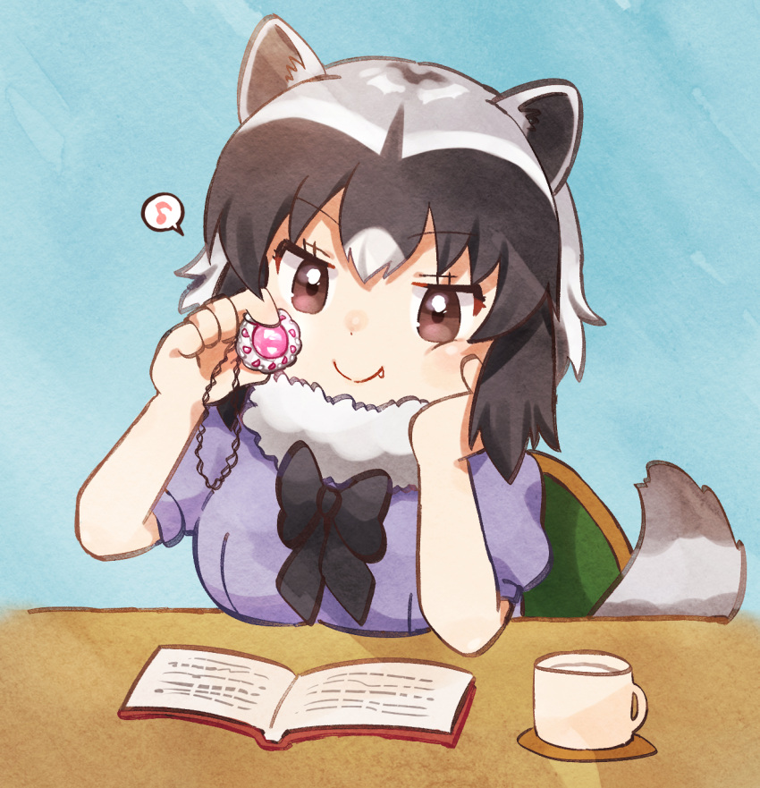 1girl animal_ears black_bow black_hair book bow chair coffee coffee_mug common_raccoon_(kemono_friends) cup dot_nose fang hand_on_own_face highres jewelry kemono_friends locket mug open_book pendant raccoon_ears raccoon_girl raccoon_tail short_hair sitting smile solo striped_tail suicchonsuisui table tail
