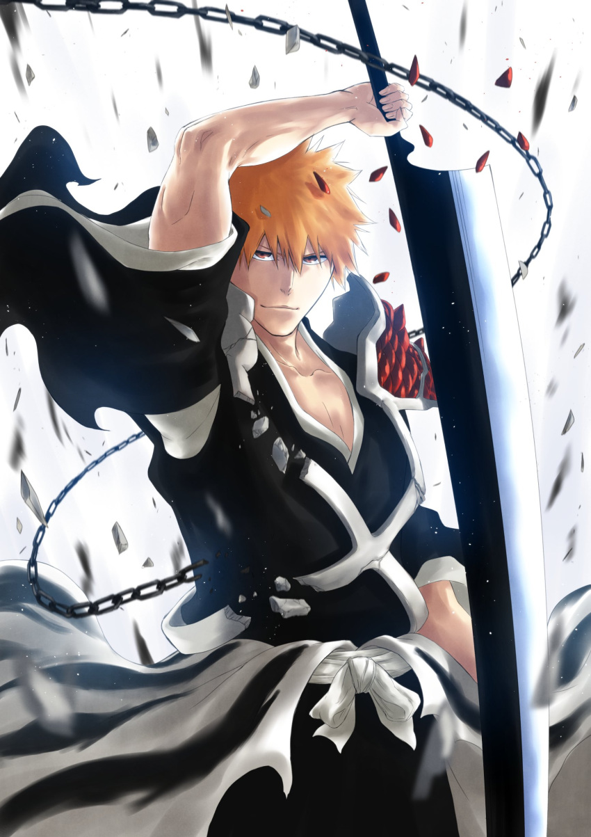 1boy absurdres arm_up armor black_hakama black_kimono bleach bleach:_the_thousand-year_blood_war blurry blurry_background brown_eyes debris hakama highres holding holding_sword holding_weapon japanese_clothes kimono kurosaki_ichigo male_focus mitarashi_(5333069) orange_hair sash short_hair shoulder_armor solo spiked_hair sword true_zangetsu_(shikai) weapon white_sash