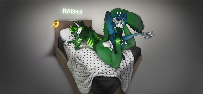 anthro bed blue_body blue_feathers blue_fur canid canine canis crown dragon duo electricity electricity_manipulation elemental_manipulation feathers fluffyw0lf fur furniture god_of_thunder green_body green_eyes green_hair hair horn hybrid jewelry king lightning_bolt male male/male mammal mrghostkey neck_tuft necklace neon_green paws qparkour raishin royalty thunder tuft wings wolf