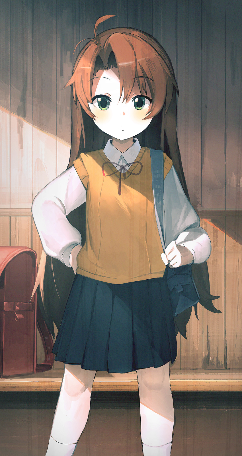 1girl absurdres asahigaoka_school_uniform backpack bag blue_skirt brown_hair bus_stop child female_child green_eyes highres koshigaya_komari legs long_hair looking_at_viewer natsuyamai non_non_biyori randoseru school_bag school_uniform shirt shoulder_bag skirt socks solo sweater_vest very_long_hair white_shirt white_socks