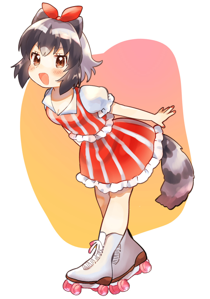 1girl alternate_costume animal_ears black_hair bow brown_eyes common_raccoon_(kemono_friends) dress highres kemono_friends nail_polish open_mouth raccoon_ears raccoon_girl raccoon_tail red_bow red_nails roller_skates short_hair simple_background skates solo striped striped_dress striped_tail suicchonsuisui tail white_footwear