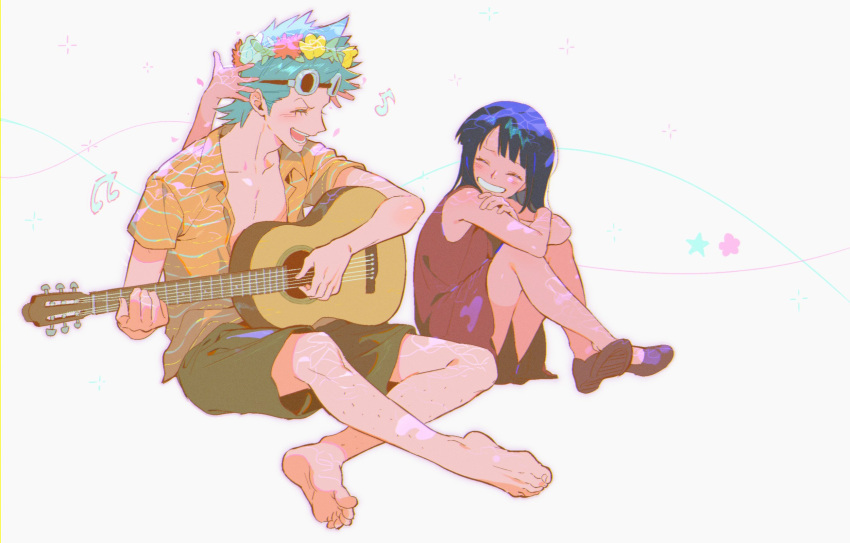 1boy 1girl ^_^ acoustic_guitar aged_down bangs barefoot beamed_eighth_notes black_hair blue_hair blush closed_eyes collarbone collared_shirt commentary dress eighth_note eyelashes feet female_child flower flower_wreath franky_(one_piece) full_body goggles goggles_on_head green_shorts grin guitar happy head_wreath highres holding holding_instrument instrument knees_up long_hair music musical_note nico_robin one_piece open_clothes open_mouth open_shirt orange_shirt playing_instrument print_shirt qin_(7833198) red_dress shirt short_hair shorts simple_background sitting sleeveless sleeveless_dress smile spiked_hair symbol-only_commentary teeth white_background