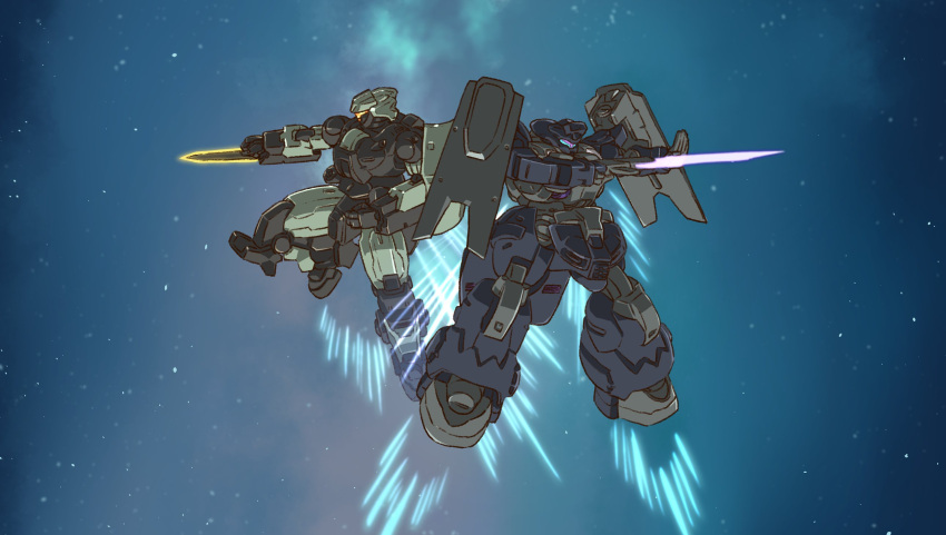 arm_blade assault_visor back-to-back bayonet clenched_hand desultor dilanza_sol energy_blade gun gundam gundam_suisei_no_majo highres holding holding_gun holding_weapon looking_to_the_side mecha mobile_suit nanaku_teiru no_humans open_hand robot space weapon