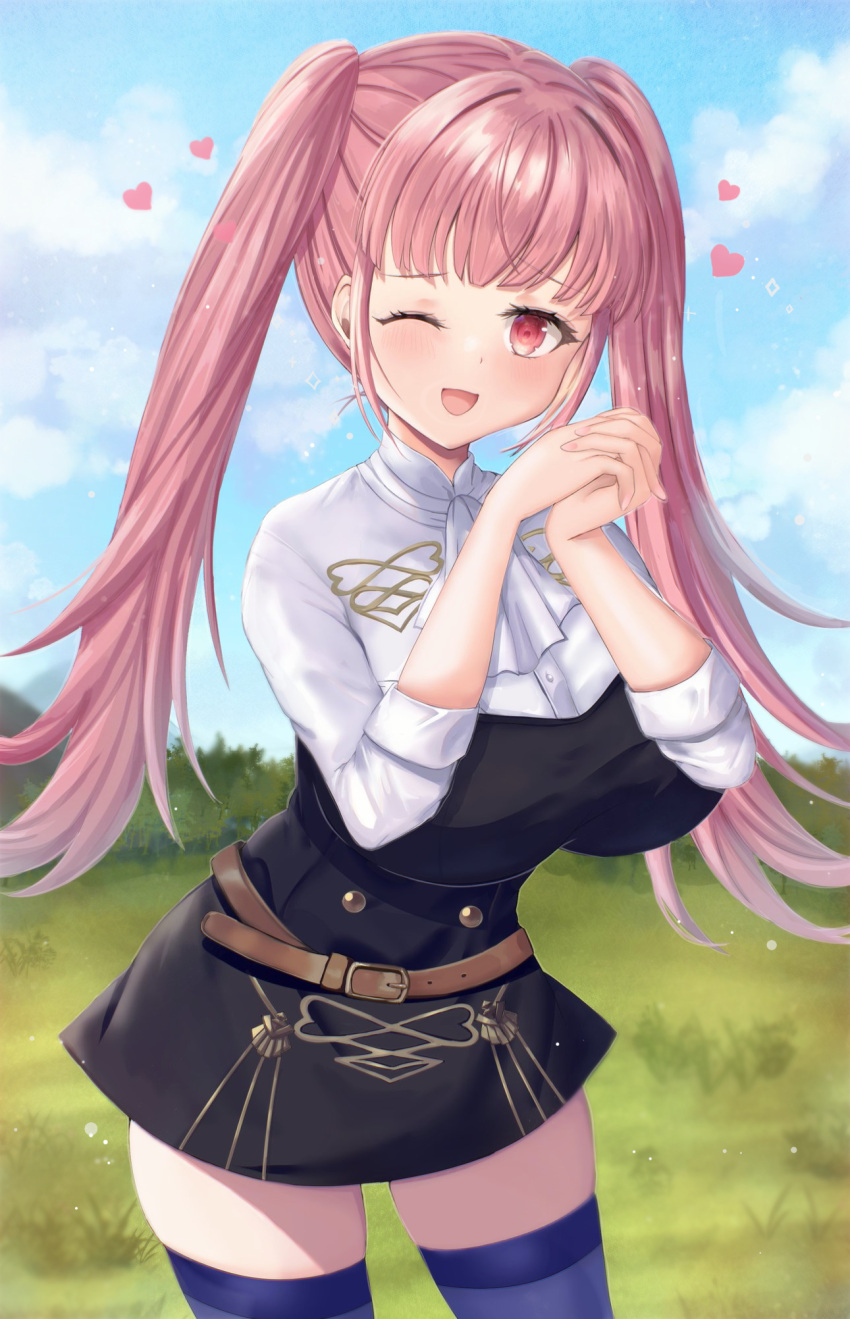 1girl ;d ascot bangs black_dress blue_thighhighs breasts cowboy_shot day dress fire_emblem fire_emblem:_three_houses garreg_mach_monastery_uniform grass highres hilda_valentine_goneril huge_breasts long_hair one_eye_closed outdoors own_hands_together pink_eyes pink_hair short_dress sleeves_rolled_up smile solo thighhighs twintails yui_(msy1302mana) zettai_ryouiki