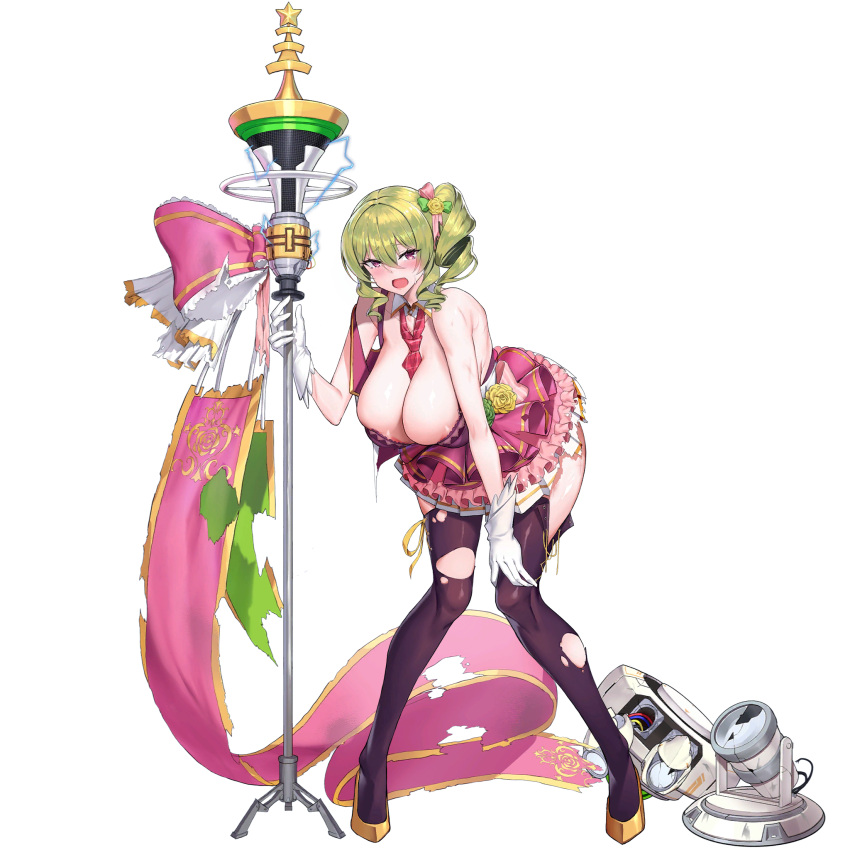 1girl bangs blush boots breasts cleavage dress drill_hair earrings erato_(last_origin) full_body gloves green_hair hair_between_eyes highres huge_breasts idol_clothes jewelry kirome_(kamipaper) last_origin looking_at_viewer nipple_slip nipples official_art one_side_up pointing pointing_up purple_eyes smile solo spotlight tachi-e thigh_boots thighhighs transparent_background white_gloves
