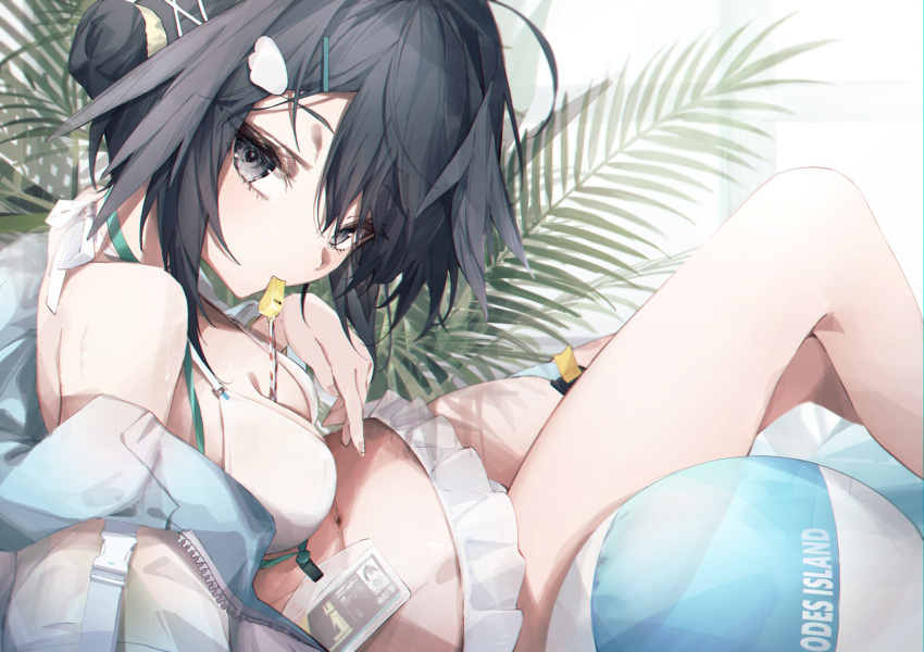 1girl ankoro_mochi arknights ball bangs bare_shoulders beachball bikini black_eyes black_hair breasts expressionless feather_hair feet_out_of_frame fern frilled_bikini frills grey_hair hair_between_eyes hair_bun hair_ornament hairclip highres id_card jacket jacket_partially_removed knees_up la_pluma_(arknights) la_pluma_(summer_flowers)_(arknights) lanyard looking_at_viewer looking_to_the_side medium_breasts mouth_hold multicolored_hair navel open_clothes open_jacket see-through see-through_jacket short_hair single_side_bun sitting solo streaked_hair swimsuit thigh_strap whistle white_bikini window wing_hair_ornament