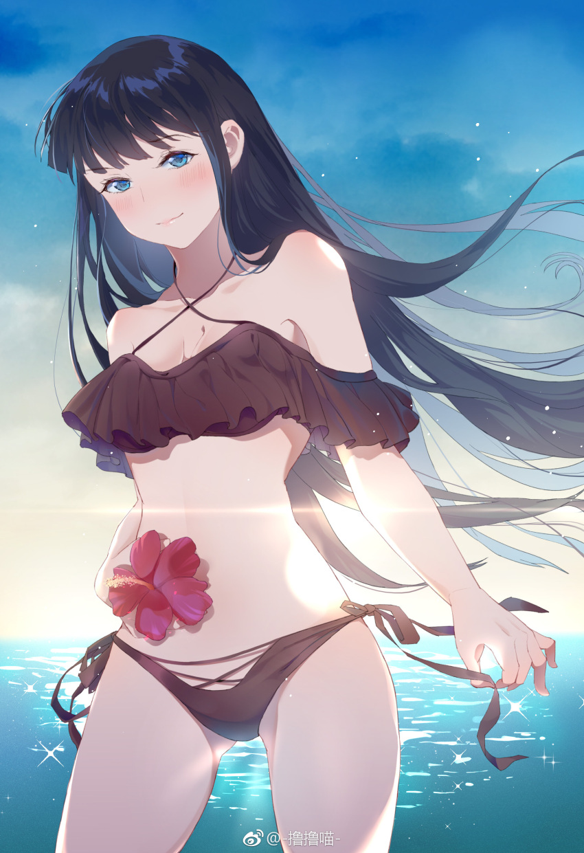 1girl absurdres bangs beach bikini black_bikini black_hair blue_eyes flower frilled_bikini frills highres long_hair side-tie_bikini_bottom string_bikini swimsuit thighs touma_kazusa white_album_2