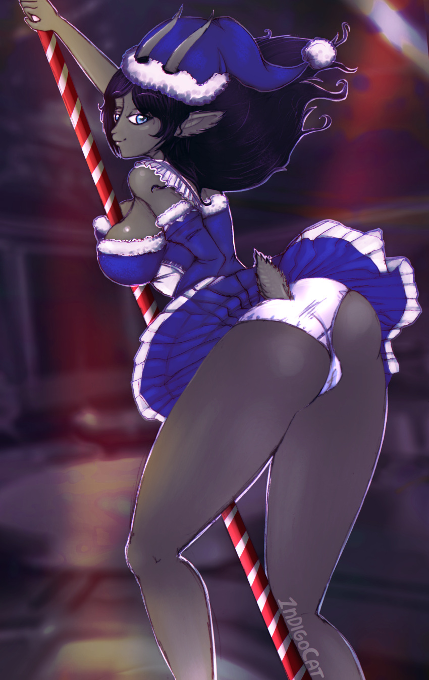 1ndigocat 2022 absurd_res anime_style anthro big_breasts big_butt black_hair blue_clothing blue_dress blue_hat blue_headwear bottomwear bovid breasts brown_hair butt camel_toe candy candy_cane caprine caprine_demon christmas christmas_clothing christmas_headwear clothing costume dancing demon dessert dress fan_character female food from_behind_position fur goat goat_demon grey_body grey_fur grey_skin hair hat headgear headwear hi_res holidays horn humanoid_pointy_ears kemono legwear long_legs looking_at_viewer low-angle_view maid_uniform mammal panties pants pantyhose pole pole_dancing santa_costume santa_hat sex sexy_santa smile toony underwear uniform upskirt white_bottomwear white_clothing white_legwear white_panties white_pants white_pantyhose white_underwear