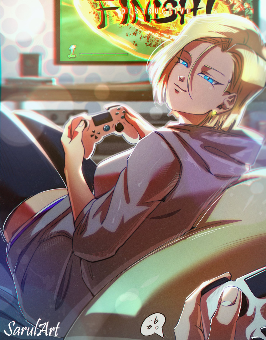 1boy 1girl absurdres android_18 artist_name blonde_hair blue_eyes chromatic_aberration commentary dragon_ball dragon_ball_fighterz dragon_ball_z earrings game_console highres hood hoodie jewelry kuririn lens_flare long_hoodie playstation_4 playstation_controller purple_hoodie sarulart sitting smile solo_focus spoken_character television thighhighs