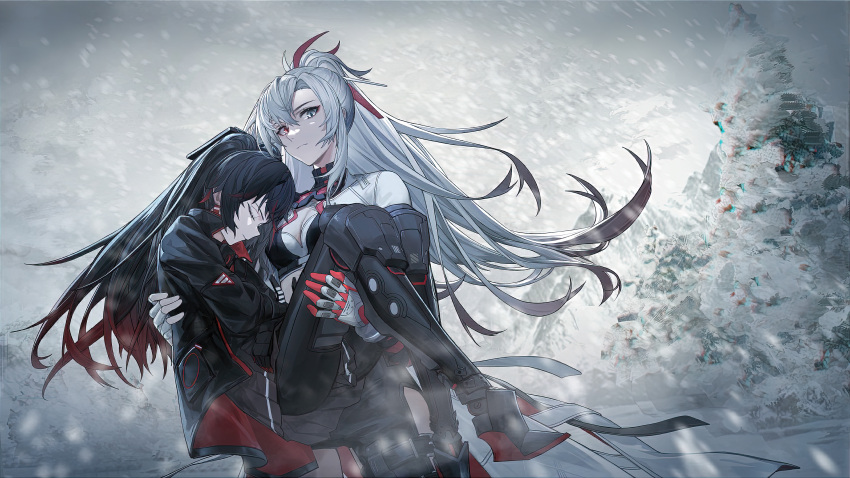 2girls absurdres black_bra black_hair black_jacket black_skirt blizzard bra breasts carrying cleavage closed_eyes closed_mouth fingerless_gloves gloves goggles goggles_around_neck gradient_hair grey_eyes hair_ribbon headgear heterochromia highres jacket long_hair long_sleeves lucia:_crimson_abyss_(punishing:_gray_raven) lucia_(punishing:_gray_raven) mechanical_arms mechanical_legs multicolored_hair multiple_girls pleated_skirt princess_carry punishing:_gray_raven red_eyes red_hair ribbon single_mechanical_arm skirt snowflakes snowing twintails underwear white_gloves white_hair yanderenasa