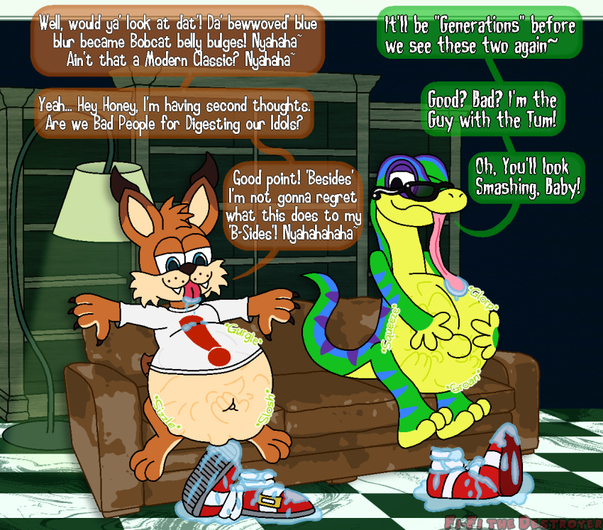 abdominal_bulge ambiguous_gender ambiguous_prey anthro belly belly_expansion bobcat bodily_fluids bubsy bubsy_(series) bubsy_bobcat classic_sonic classic_sonic_(universe) clothing dialogue duo eulipotyphlan expansion felid feline fi-fi_the_destroyer footwear furniture gecko gex_(series) gex_the_gecko hedgehog humor inside invalid_background lamp lizard lynx male male/male mammal navel oral_vore predator/prey pun reptile rumbling_stomach saliva scalie sega shelf shirt shoes sofa sonic_the_hedgehog sonic_the_hedgehog_(series) speech_bubble text tongue tongue_out topwear vore