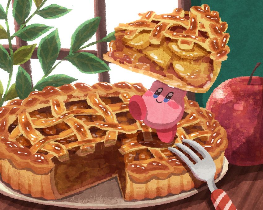 apple apple_pie dessert food food_focus fork fruit holding holding_food indoors kirby kirby_(series) miclot pie pie_slice plant plate red_apple table