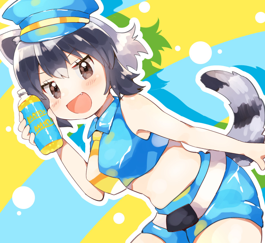 animal_ears belt black_hair blue_headwear blue_shorts blush brown_eyes common_raccoon_(kemono_friends) crop_top fang hat highres kemono_friends necktie open_mouth raccoon_ears raccoon_girl raccoon_tail short_hair shorts soda_bottle striped_tail suicchonsuisui tail