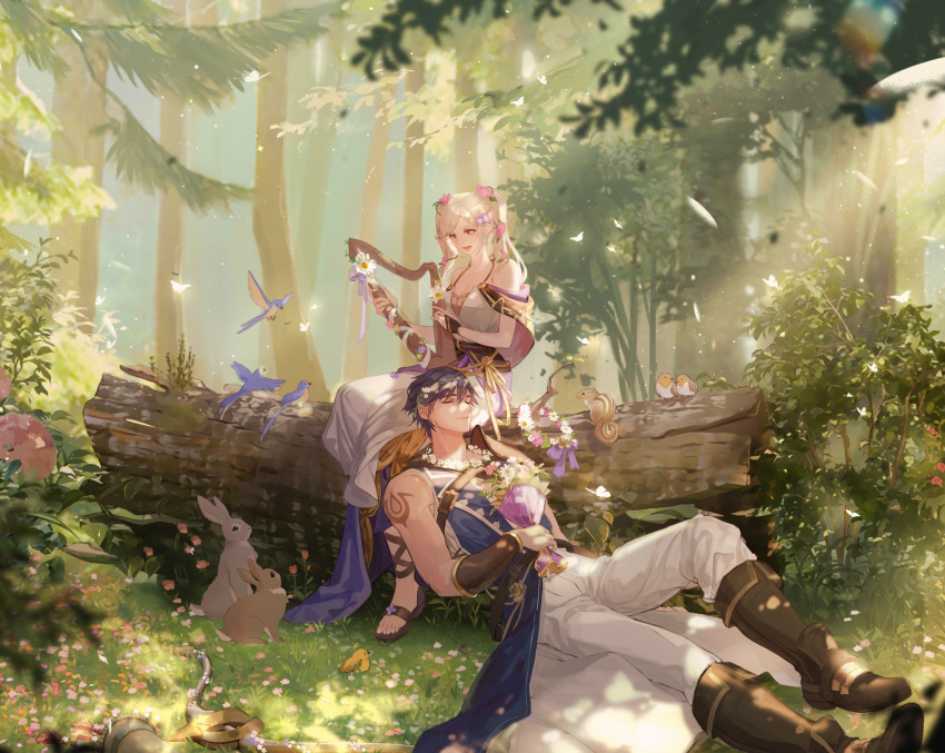 1boy 1girl animal arm_tattoo arrow_(projectile) bird blue_hair bluebird boots bouquet bow_(weapon) chipmunk chrom_(fire_emblem) chrom_(valentine)_(fire_emblem) commission couple dress fire_emblem fire_emblem_awakening fire_emblem_heroes flower forest grey_hair hair_flower hair_ornament head_wreath head_wreath_removed heart highres lap_pillow liekahp log nature official_alternate_costume quiver rabbit robin_(animal) robin_(female)_(fire_emblem) robin_(female)_(valentine)_(fire_emblem) robin_(fire_emblem) sandals sleeveless smile squirrel tattoo tree twintails weapon