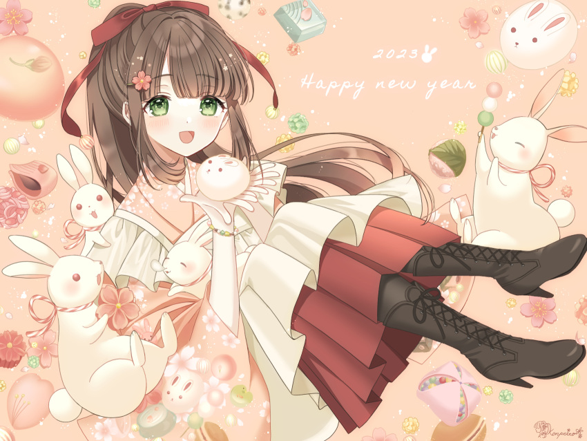 1girl 2023 :d bangs bead_bracelet beads black_footwear blunt_bangs blush boots bracelet brown_hair candy chinese_zodiac commentary_request cross-laced_footwear dango dorayaki eyelashes feet_up floating_hair floral_print flower food frilled_kimono frills green_eyes hair_ornament hair_ribbon hairclip hakama hands_up happy_new_year high_heel_boots high_heels highres holding japanese_clothes jewelry kimono knee_boots kompeitou_(lemon_garden) konpeitou lace-up_boots long_hair long_sleeves looking_at_viewer namagashi open_mouth original pink_background pink_flower pink_kimono ponytail print_kimono rabbit red_hakama red_ribbon ribbon sakura_mochi sakuramon sanshoku_dango sidelocks simple_background smile solo tareme wagashi wide_sleeves year_of_the_rabbit youkan_(food)