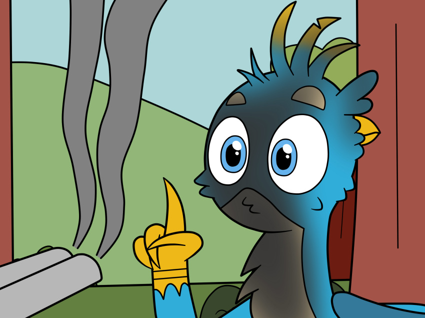 2019 4_fingers avian backwards beak blue_body blue_eyes blue_fur cartoon_physics digital_drawing_(artwork) digital_media_(artwork) eagc7 feral fingers friendship_is_magic fur gallus_(mlp) gryphon gun hasbro hi_res looney_tunes male modular multicolored_body multicolored_fur my_little_pony mythological_avian mythology parody plant ranged_weapon shotgun smoke solo talons toony tree two_tone_body two_tone_fur warner_brothers weapon