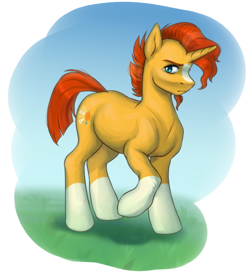 2022 cutie_mark digital_drawing_(artwork) digital_media_(artwork) equid equine feral friendship_is_magic full-length_portrait grass hair hasbro hi_res hooves horn leg_markings looking_at_viewer male mammal markings my_little_pony orange_hair orange_tail plant portrait raised_hoof renka2802 socks_(marking) solo sunburst_(mlp) tail teal_eyes unicorn yellow_body