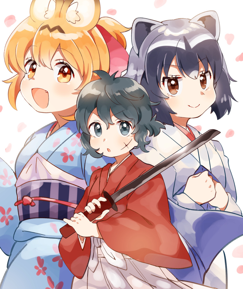 3girls absurdres animal_ears black_eyes black_hair blonde_hair brown_eyes cat_ears common_raccoon_(kemono_friends) falling_petals fang hakama hakama_skirt highres japanese_clothes kaban_(kemono_friends) kemono_friends messy_hair multiple_girls open_mouth orange_eyes petals raccoon_ears raccoon_girl scar scar_on_cheek scar_on_face serval_(kemono_friends) shirt short_hair skirt smile suicchonsuisui sword weapon white_background white_shirt