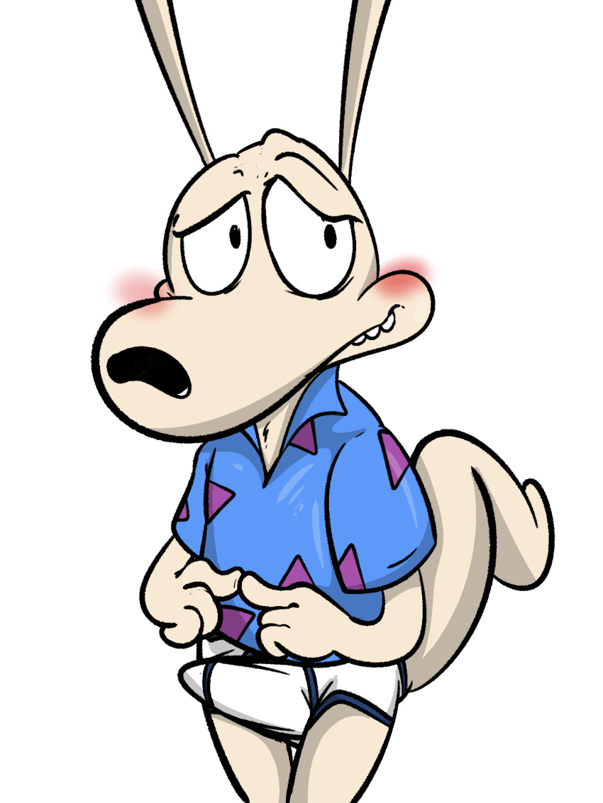 anthro blush bottomless clothed clothing embarrassed erection erection_under_clothing fingers_together hi_res illegaleel macropod male mammal marsupial nickelodeon rocko's_modern_life rocko_rama solo tenting underwear wallaby