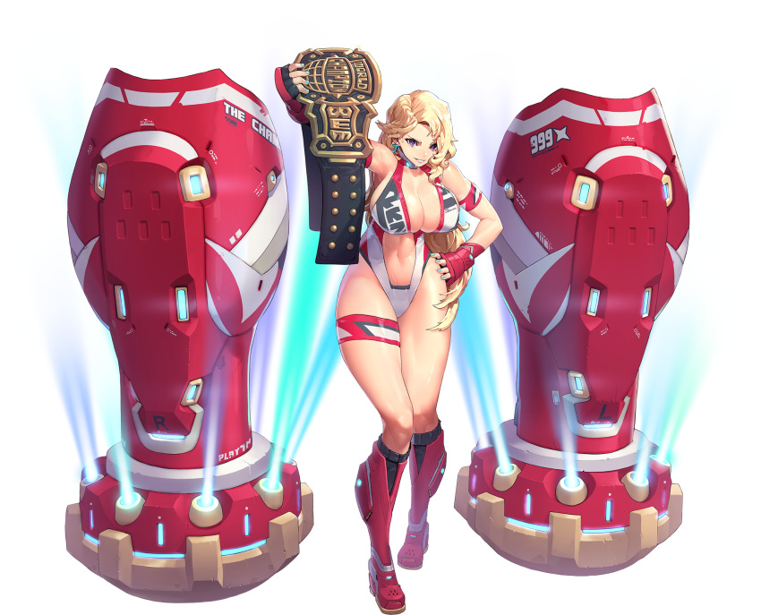 1girl abs aqua_nails arm_strap arm_up armored_boots armpits blonde_hair boots breasts championship_belt character_name cleavage collar covered_nipples earrings english_text fingerless_gloves full_body game_cg gauntlets gloves grin hand_on_hip highleg highres holding_belt huge_breasts huge_weapon jewelry last_origin leotard linea_alba looking_at_viewer mar10 mechanical_arms muscular muscular_female nail_polish navel official_art purple_eyes red_collar red_footwear red_gloves rena_the_champion singlet skindentation smile solo stage_lights standing sweat tachi-e thick_eyebrows thick_thighs thigh_strap thighs transparent_background weapon wrestler wrestling_outfit