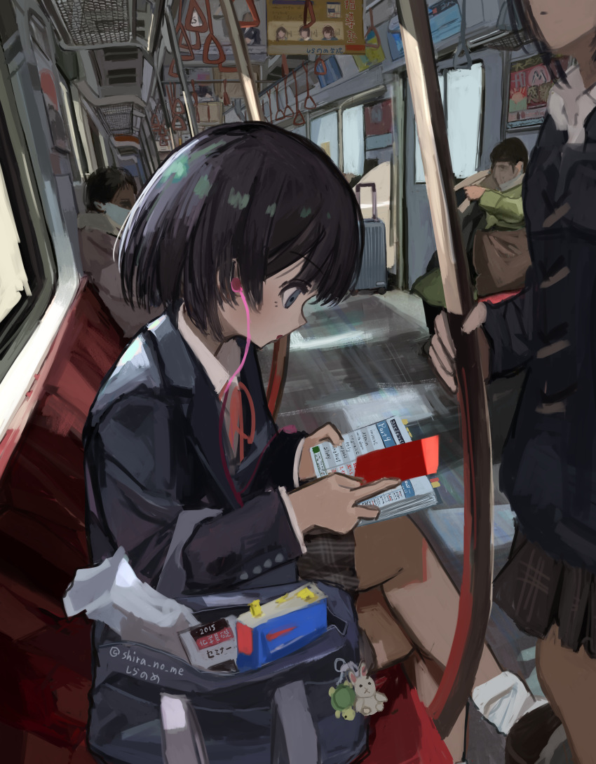 2girls 2others absurdres bag bangs black_hair black_jacket black_skirt blazer blue_eyes book bookmark collared_shirt crossed_legs earbuds earphones english_text feet_out_of_frame from_side ground_vehicle hand_grip highres holding holding_book jacket keychain long_sleeves looking_at_object loose_socks mikun109323 multiple_girls multiple_others neck_ribbon open_mouth original plaid plaid_skirt pleated_skirt profile reading red_ribbon ribbon scenery school_bag school_uniform shirt short_hair sitting skirt socks solo_focus studying train train_interior twitter_username white_shirt