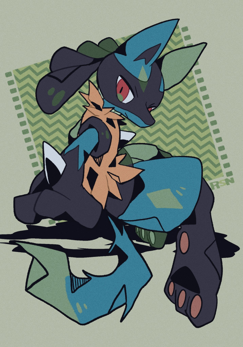 1other closed_mouth commentary full_body furry highres looking_back lucario orange_fur outstretched_arm pokemon pokemon_(creature) red_eyes rushin solo spikes symbol-only_commentary