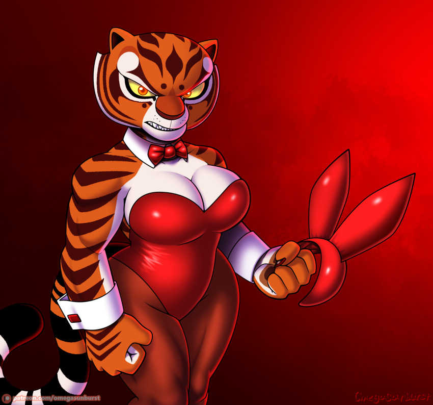 angry anthro bow_tie breasts bunny_costume cleavage clothed clothing costume cuffs_(clothing) dreamworks fake_ears fake_rabbit_ears felid female hi_res holding_object kung_fu_panda legwear looking_at_viewer mammal master_tigress omegasunburst pantherine pantyhose solo tiger