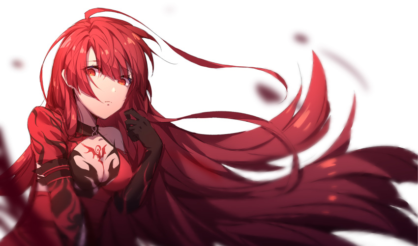 1girl absurdres black_gloves bloody_queen_(elsword) breasts cleavage closed_mouth elesis_(elsword) elsword gloves highres long_hair looking_at_viewer medium_breasts red_eyes red_hair simple_background solo tattoo upper_body white_background yumuto_(spring1786)