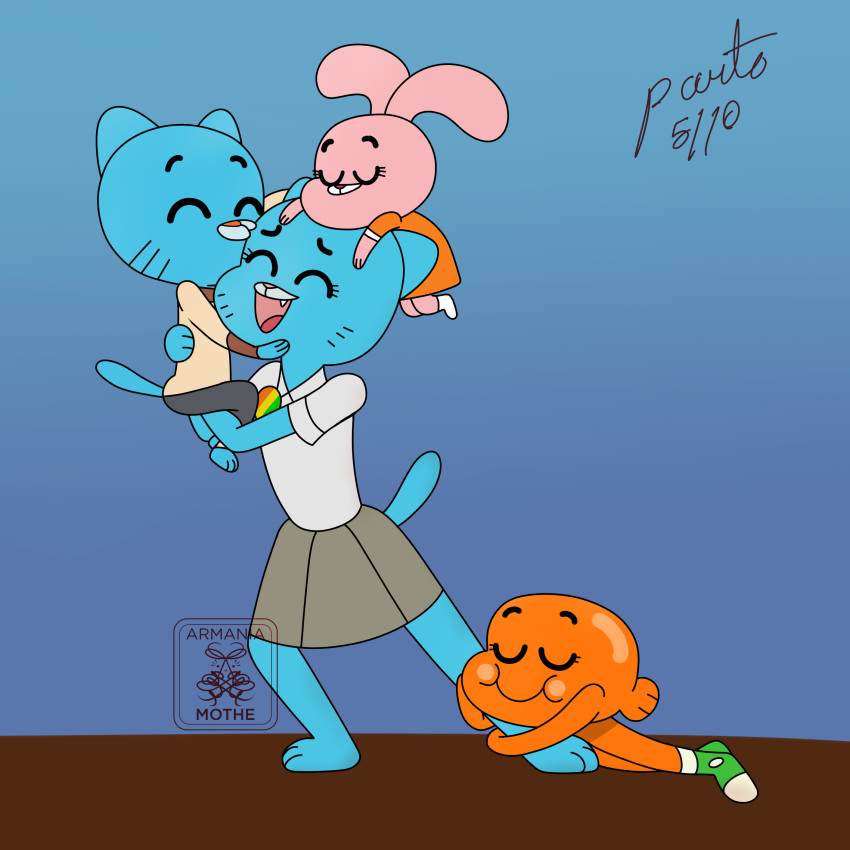 anais_watterson anthro armaniamothe_(artist) blue_background blue_fur cartoon_network darwin_watterson daughter domestic_cat eyes_closed family felid feline felis female fish fur goldfish group gumball_watterson hug lagomorph male mammal marine mature_female mother mother_and_child mother_and_daughter mother_and_son nicole_watterson open_mouth parent parent_and_child parent_and_daughter parent_and_son pink_fur rabbit simple_background son the_amazing_world_of_gumball whiskers wife young