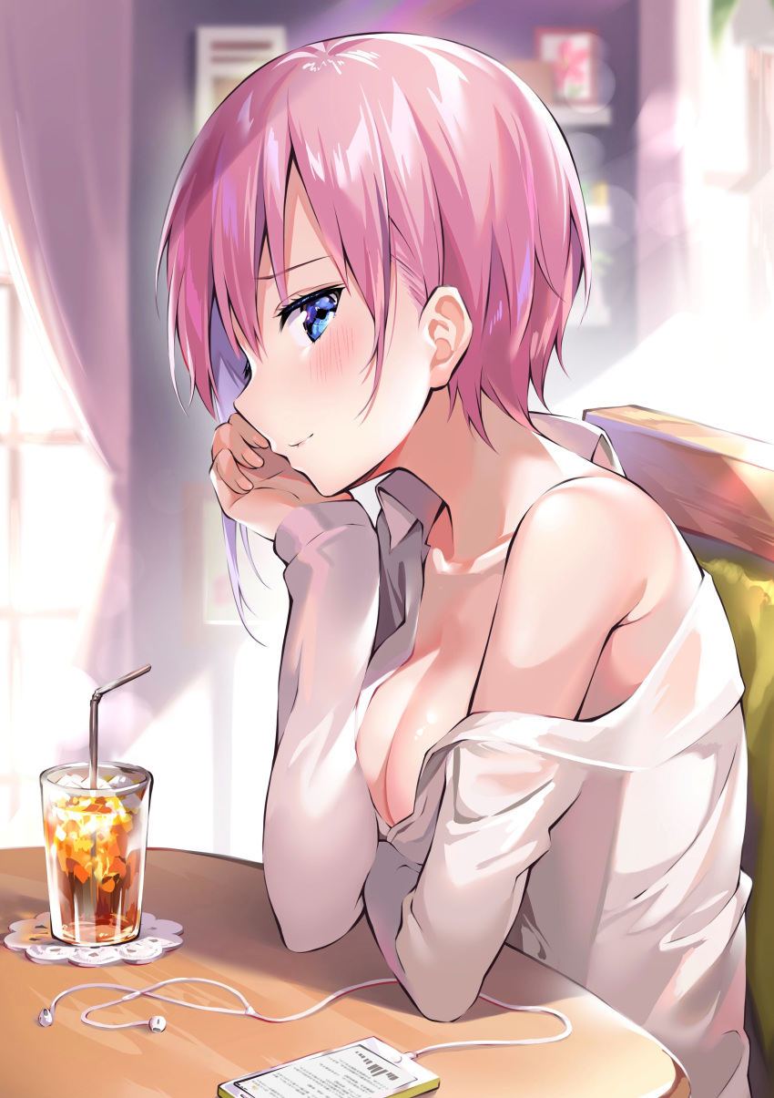 1girl absurdres ale_nqki arm_support bangs bare_shoulders bendy_straw blue_eyes blurry blurry_background blush breasts cable cellphone chair closed_mouth collarbone collared_shirt cup curtains day depth_of_field dress_shirt drink drinking_glass drinking_straw earbuds earphones eyebrows_visible_through_hair eyelashes fingernails go-toubun_no_hanayome hair_between_eyes hand_on_own_cheek head_rest highres ice indoors large_breasts light_rays long_sleeves looking_at_viewer nail_polish nakano_ichika no_bra off_shoulder open_clothes open_shirt phone photo_(object) pink_hair pink_nails revision shiny shiny_skin shirt short_hair sideways_glance sitting smartphone smile solo sunbeam sunlight table white_shirt window wing_collar